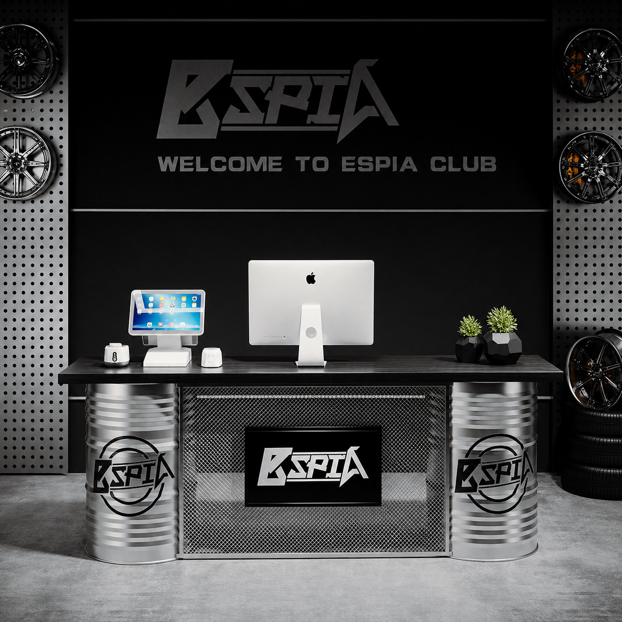 Custom industrial oil drum reception desk and checkout counter for retail store barbershop tattoo studio auto shop and commercial front desk