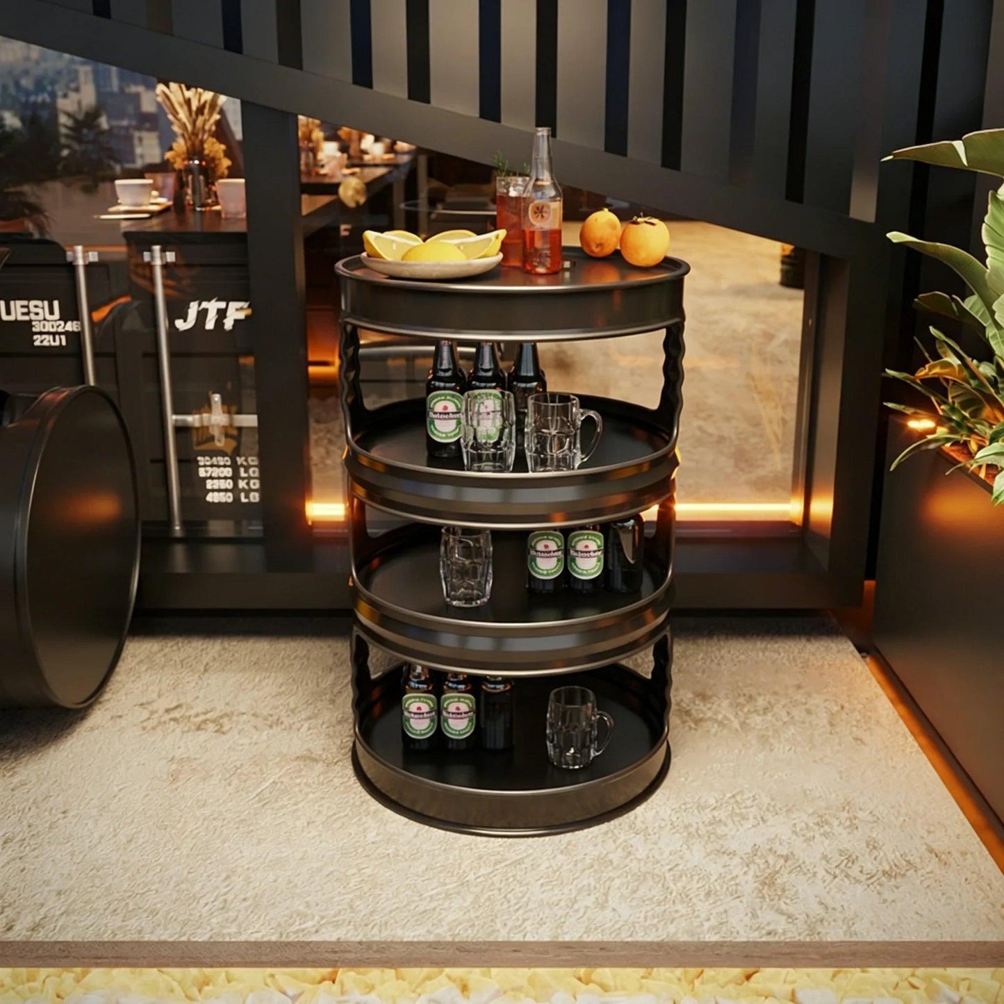 Custom industrial oil drum side table and end table for bar cafe lounge retail display and commercial furniture project