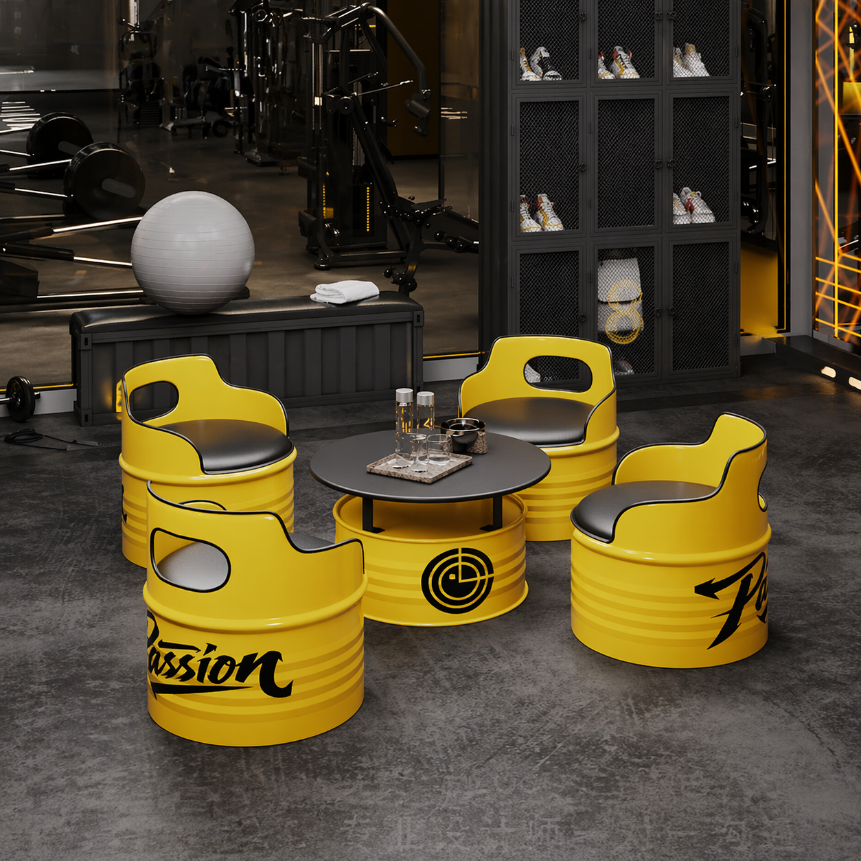 Custom industrial oil drum table and chair set for bar cafe restaurant brewery pub lounge and commercial furniture project