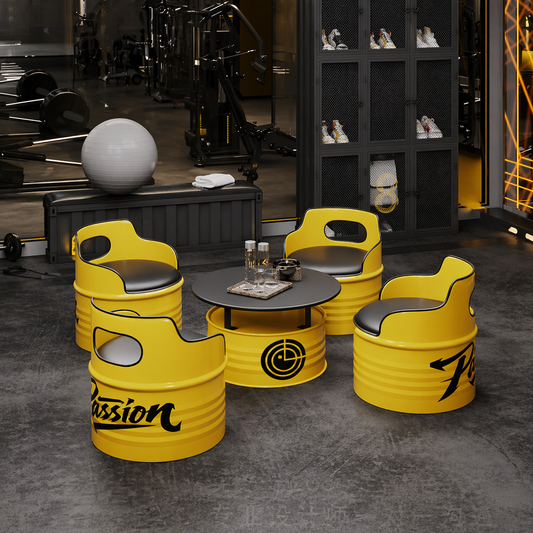 Custom industrial oil drum table and chair set for bar cafe restaurant brewery pub lounge and commercial furniture project