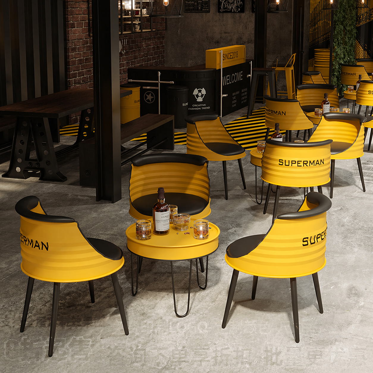Custom industrial oil drum table and chair set for bar cafe restaurant brewery pub lounge and commercial furniture project