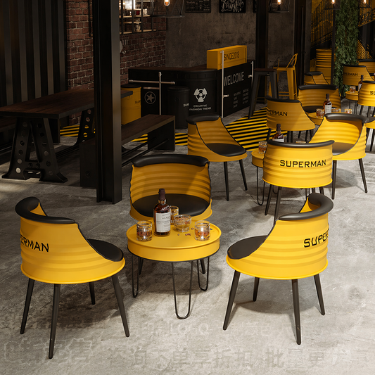 Custom industrial oil drum table and chair set for bar cafe restaurant brewery pub lounge and commercial furniture project