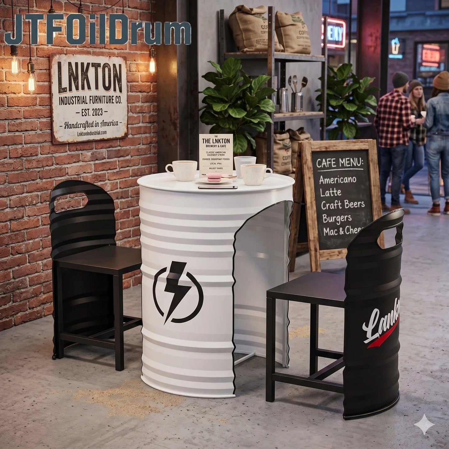 Custom oil drum table and chair set for bar, cafe, brewery and commercial restaurant furniture
