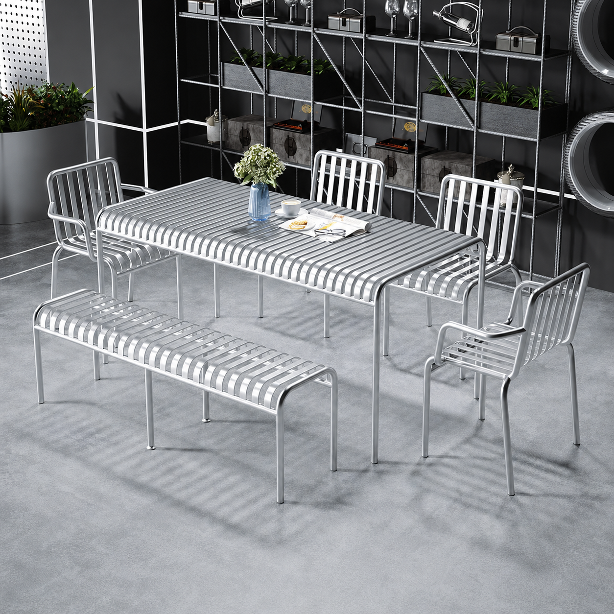 Custom outdoor iron furniture for bar cafe restaurant patio brewery garden hotel terrace and commercial hospitality project