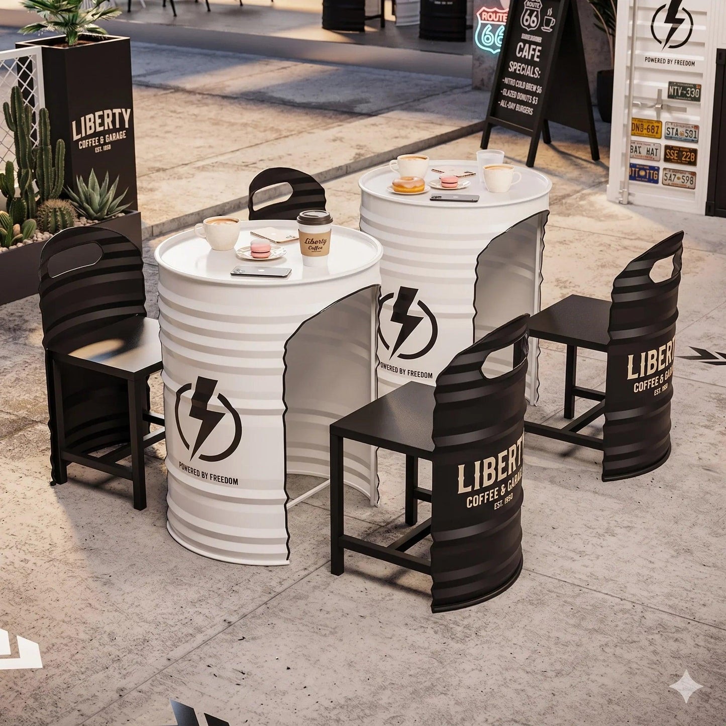 Custom Industrial Oil Drum Table and Stools Set for Bar Cafe Brewery