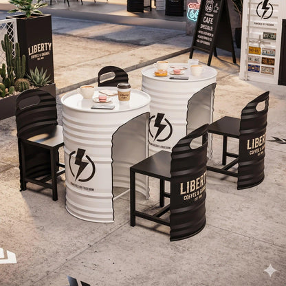 Custom Industrial Oil Drum Table and Stools Set for Bar Cafe Brewery