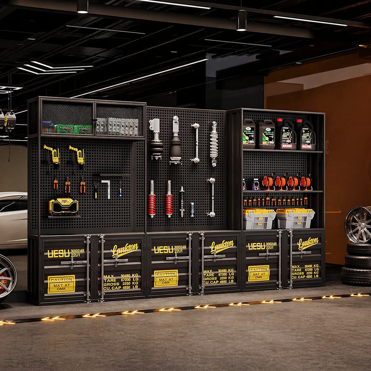 Heavy-duty container garage storage workbench set with cabinets for auto shop repair workshop warehouse studio and commercial workspace