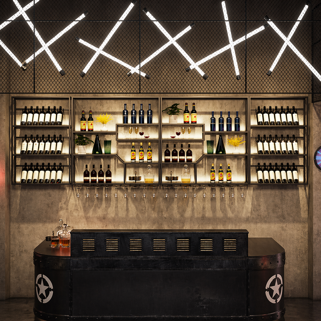 Industrial LED wall-mounted wine rack and iron floating bar shelf for bar restaurant lounge hotel tasting room and commercial bottle display