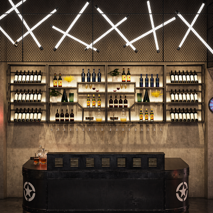 Industrial LED wall-mounted wine rack and iron floating bar shelf for bar restaurant lounge hotel tasting room and commercial bottle display