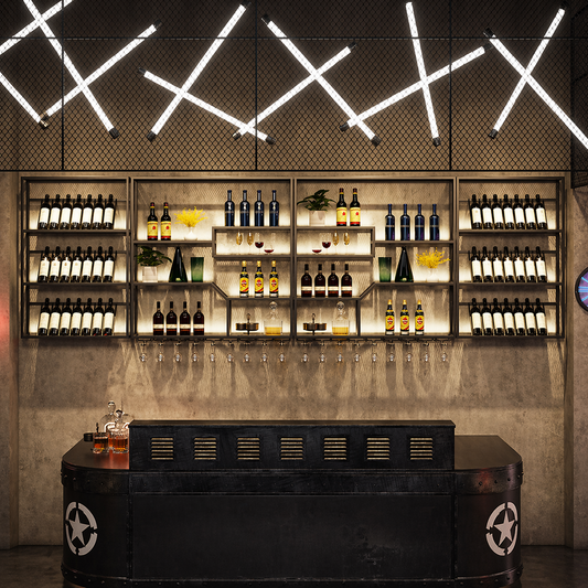 Industrial LED wall-mounted wine rack and iron floating bar shelf for bar restaurant lounge hotel tasting room and commercial bottle display