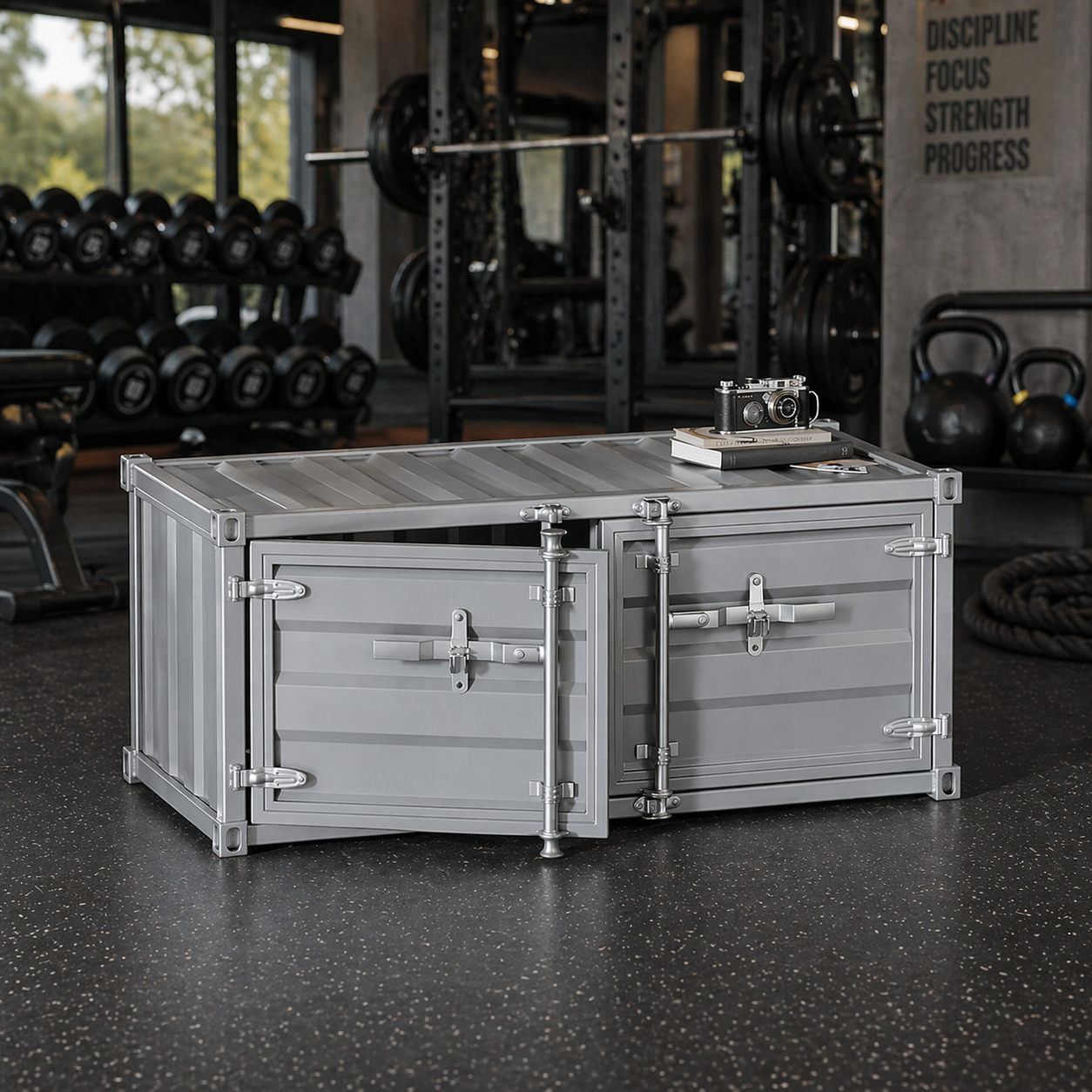 Industrial container storage coffee table with hidden storage for cafe lounge reception area retail store office and commercial space