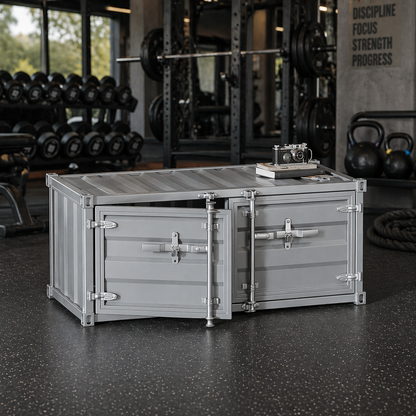 Industrial container storage coffee table with hidden storage for cafe lounge reception area retail store office and commercial space