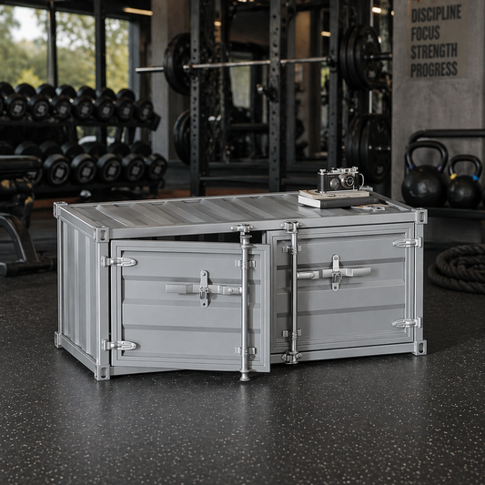 Industrial container storage coffee table with hidden storage for cafe lounge reception area retail store office and commercial space