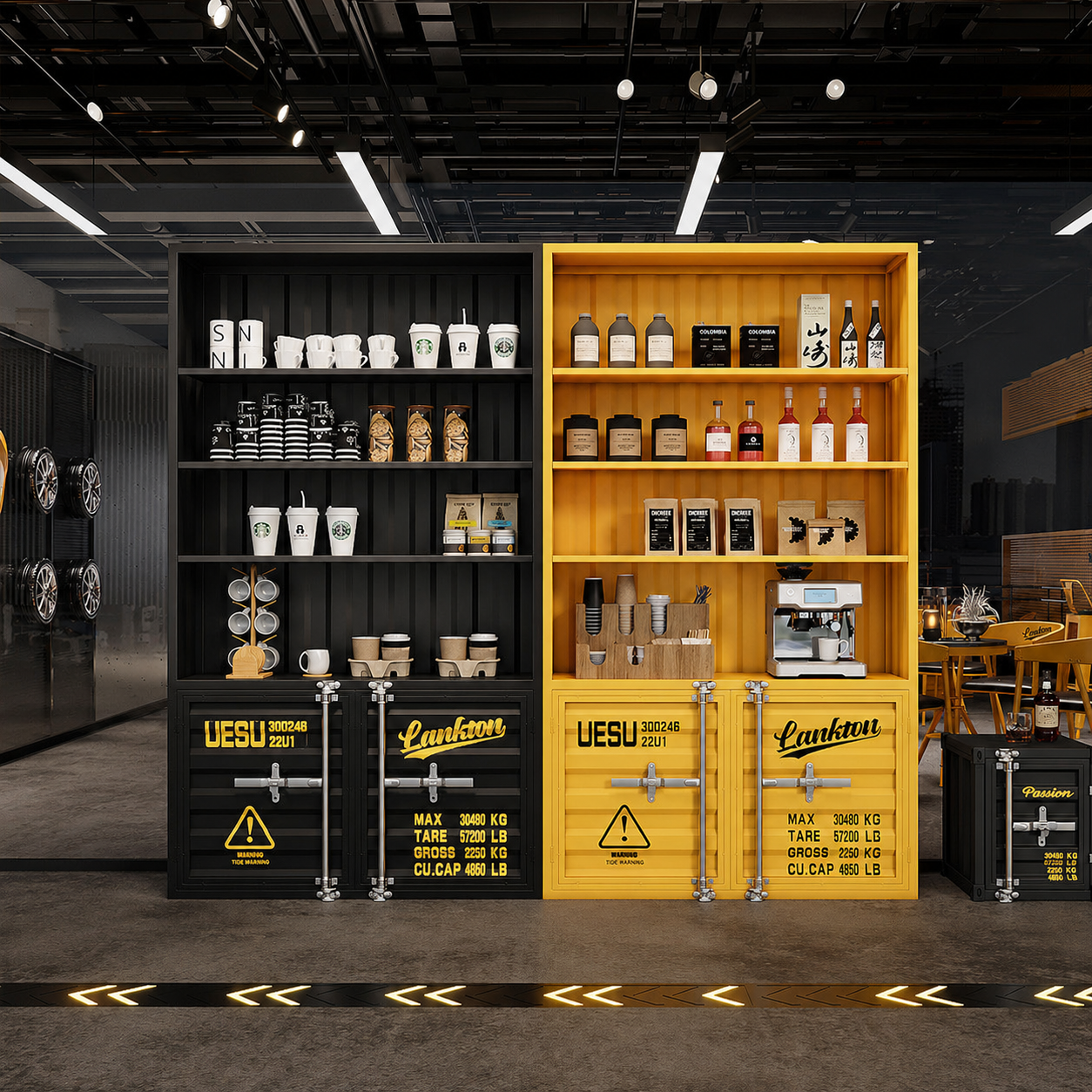 Modular industrial container storage cabinets with corrugated iron design for office garage workshop retail store warehouse and commercial storage wall