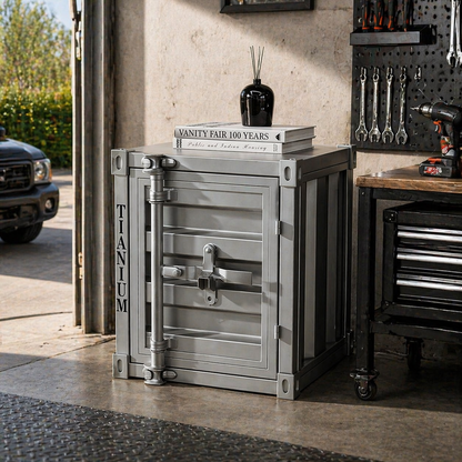 Vintage industrial metal container cabinet with corrugated iron design for retail display garage storage showroom and commercial space