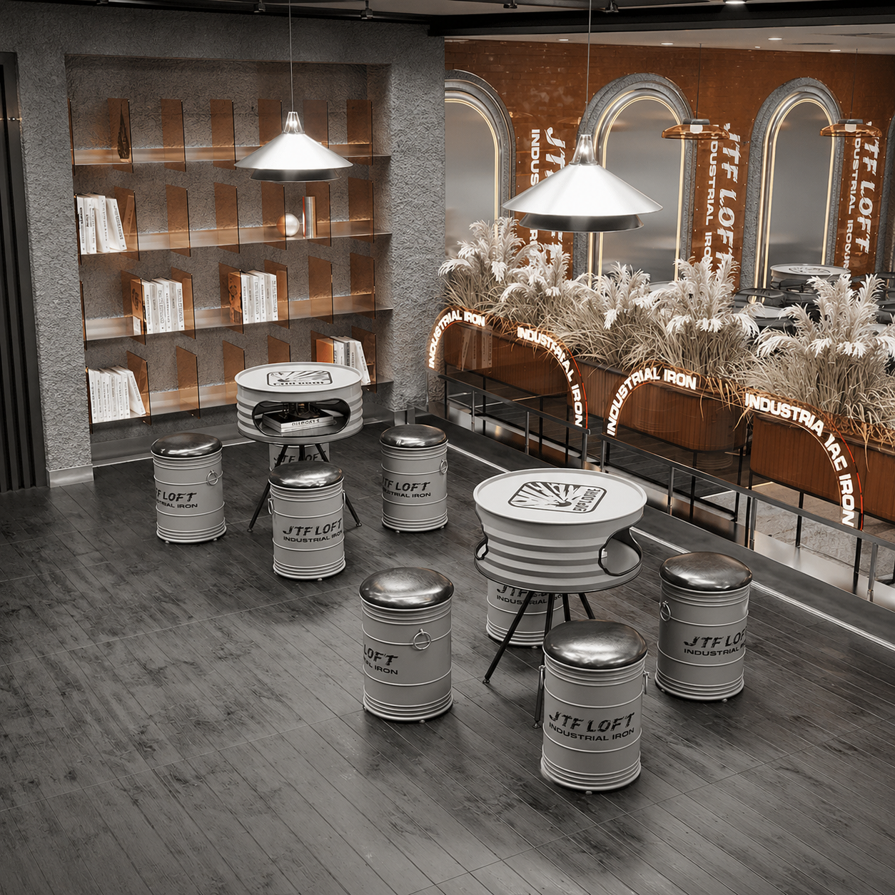 Wholesale OEM oil drum table set with stools for B2B bar cafe brewery restaurant and commercial furniture projects