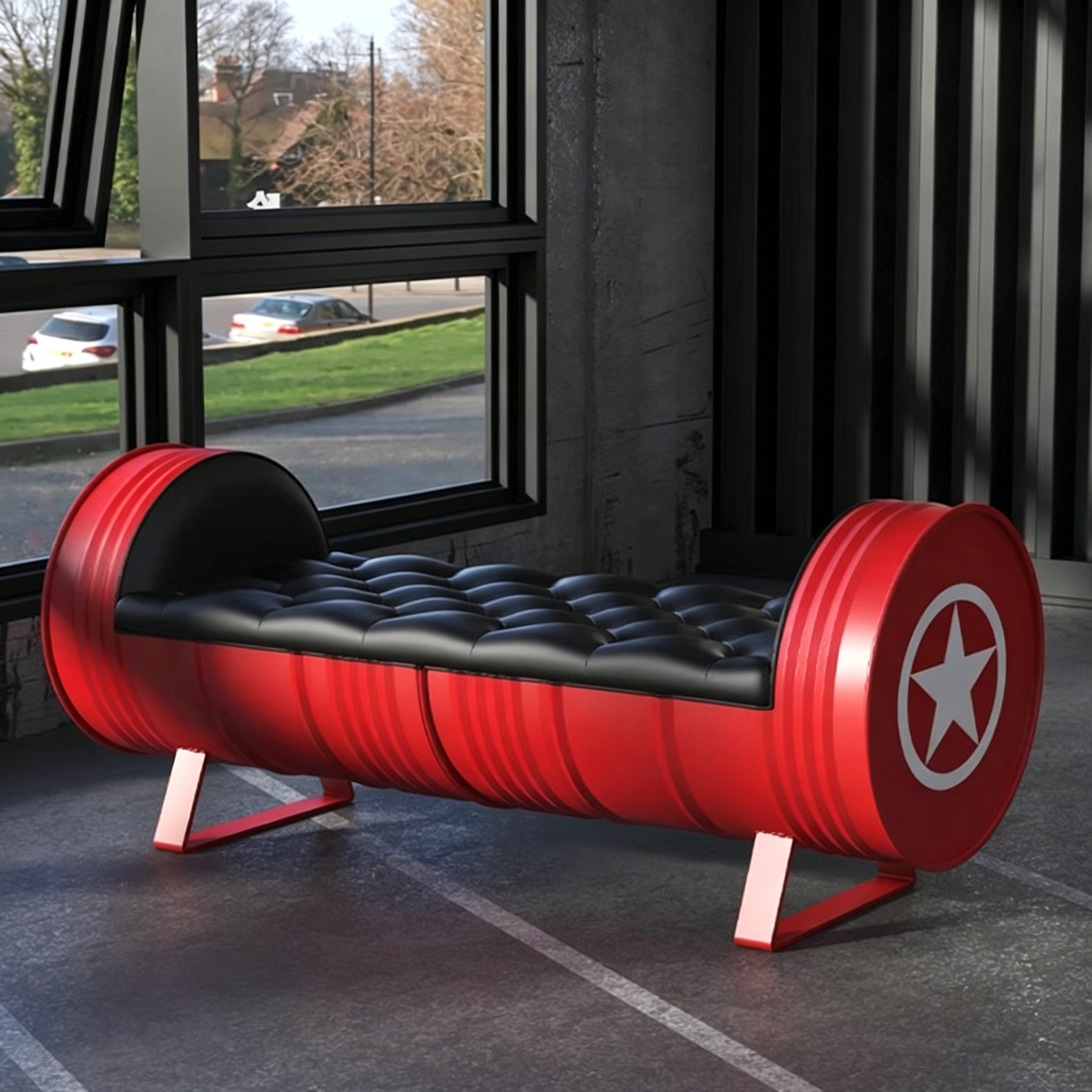 Custom Industrial Oil Drum Bench for Commercial Waiting Areas